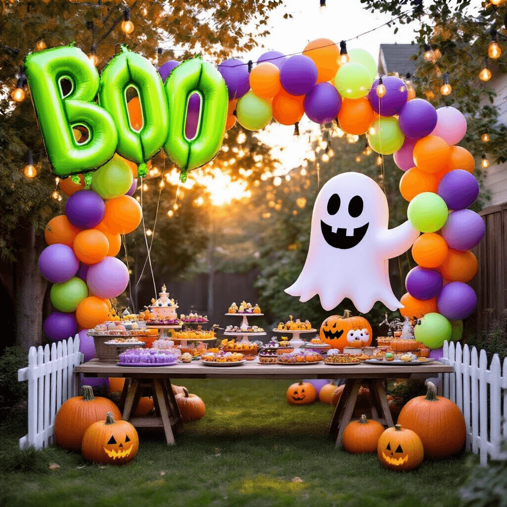 A colorful backyard Halloween party for children, featuring a large 'BOO' balloon installation, a dessert table with spooky treats, fairy lights, pastel balloon clusters, a ghost-shaped balloon arch, a pumpkin-decorating station with glow-in-the-dark balloons, and playful monster-faced balloons tied to white picket fencing.