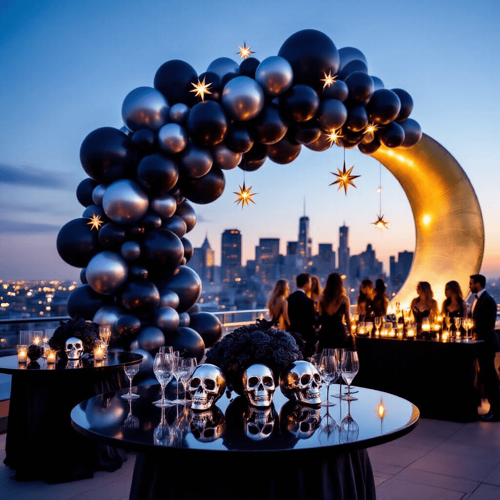 An elegant rooftop Halloween cocktail party at twilight, featuring a city skyline backdrop, a swirling night sky balloon installation in ombré indigo and silver, high-top tables with black matte balloon centerpieces and crystal skulls, a crescent moon balloon arch in metallic gold for the photo booth, and LED-lit balloons above the bar casting a warm glow on crystal glassware as costumed guests mingle.