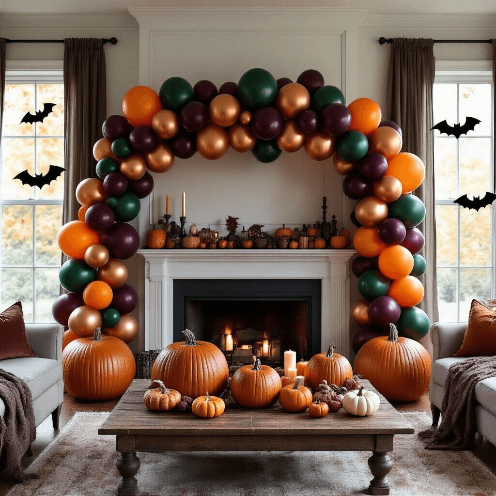 A cozy autumnal living room decorated for a Halloween gathering, featuring a grand fireplace with a jewel-toned balloon garland, oversized round balloons resembling pumpkins on a rustic coffee table, and sheer curtains revealing bat-shaped balloons outside the windows.