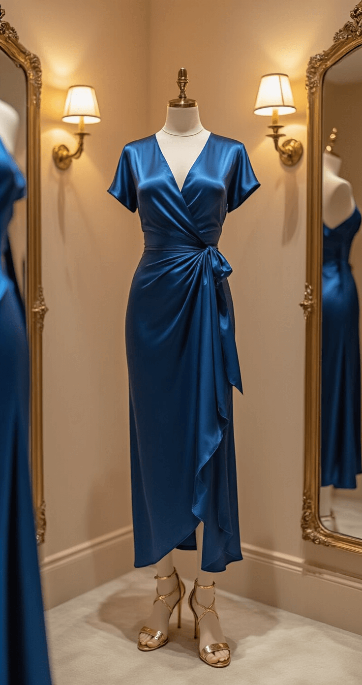 JEWEL TONE SATIN WRAP DRESSES: YOUR ULTIMATE STYLE FOR 2024 A close-up of a sapphire blue satin wrap dress in an intimate boutique fitting room, featuring warm ambient lighting, antique brass fixtures, and a rose gold full-length mirror, with delicate adjustments to the fabric's wrap closure and strappy metallic heels in the foreground.