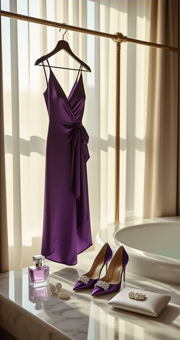 JEWEL TONE SATIN WRAP DRESSES: YOUR ULTIMATE STYLE FOR 2024 A luxury hotel bathroom with a marble finish, featuring morning light, a purple satin wrap dress on a brass rack, crystal-embellished pumps, pearl earrings, a silver clutch, elegant perfume bottles, a professional steamer, and silk hangers, all captured in soft lighting.