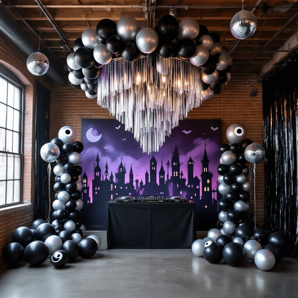A chic Halloween disco in a modern loft, featuring a stunning balloon chandelier, a haunted cityscape balloon mural, a smoke-filled DJ booth, and clusters of oversized black balloons with white 'eyes', surrounded by metallic fringe curtains and mirror balls.