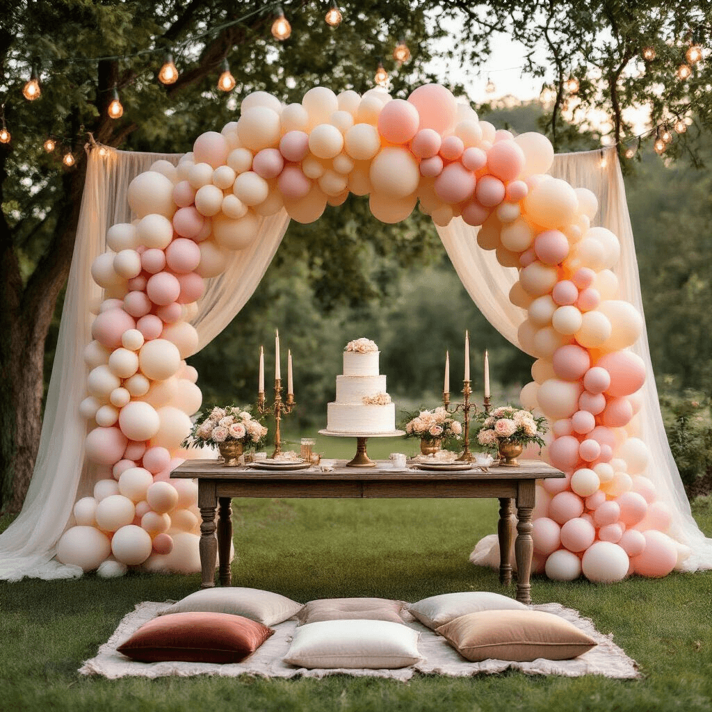 A whimsical outdoor birthday celebration at golden hour, featuring an ombré balloon arch in blush pink to cream framing a rustic wooden dessert table with a tiered naked cake and vintage brass candelabras, surrounded by garden roses. Soft tulle drapes from trees and bistro lights twinkle overhead, while a low table with velvet cushions is set for an intimate picnic with gold-rimmed place settings and calligraphy place cards.