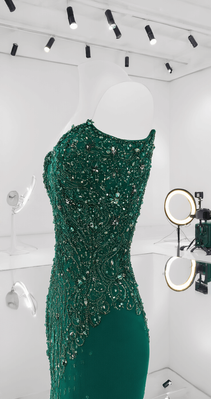 Close-up of an emerald green mermaid gown showcasing intricate beading against a shapewear edge, with professional styling tools artistically arranged nearby. The shot features dramatic spot lighting and macro lens detail, with a ring light illuminating crystalline elements, all reflected in a tethered shooting setup.