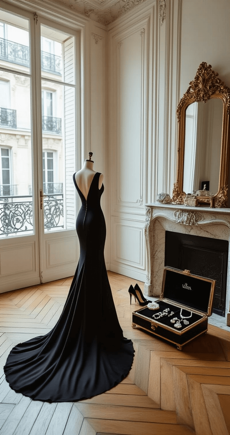 A spacious classic Parisian apartment features herringbone floors and ornate mirrors, where a black mermaid gown is being steamed amidst luxury accessories including a pearl clutch, stilettos, and an open vintage jewelry box displaying selected pieces, all illuminated by natural light from French doors and additional professional lighting, captured in a wide-angle shot.