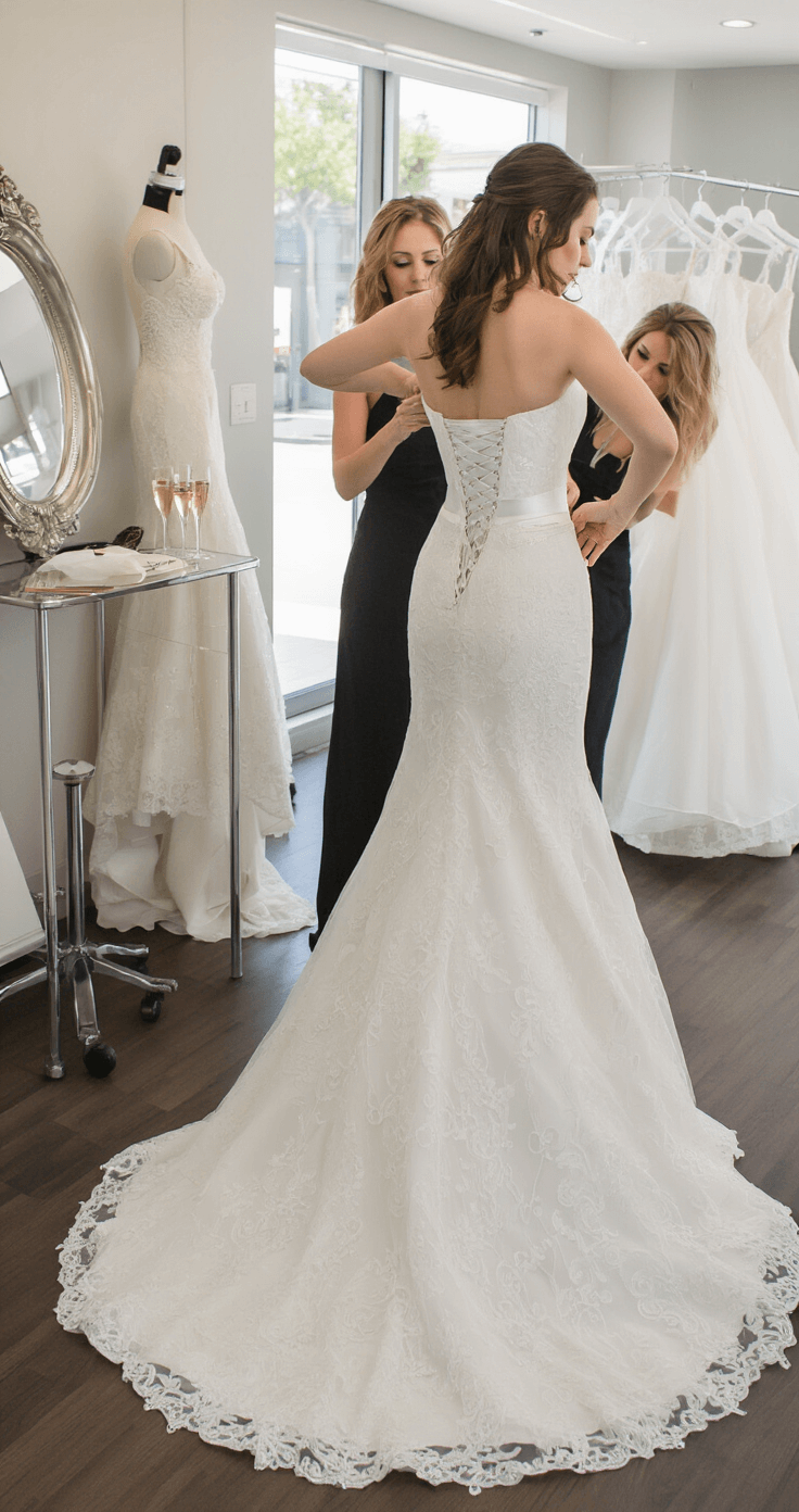Close-up of a bridal salon fitting expert adjusting a white mermaid gown with a built-in corset, champagne bar in the background, captured in intimate documentary style with high detail resolution.