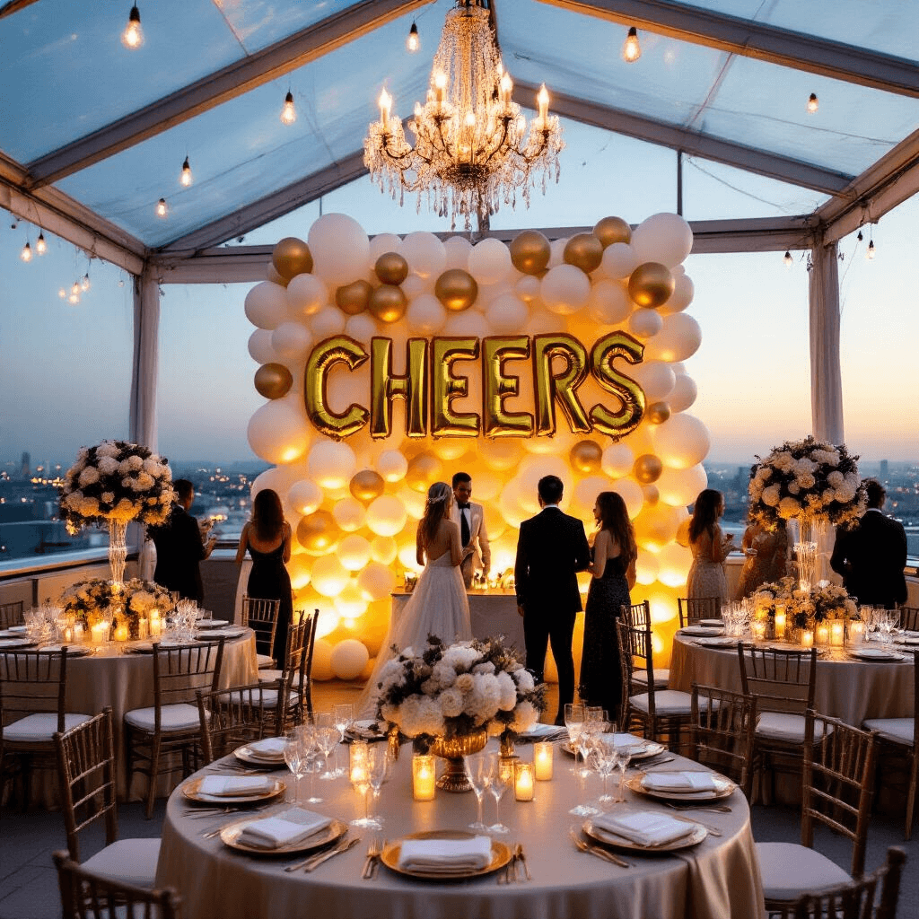 An elegant rooftop terrace party at dusk, featuring string lights, candelabras, a metallic gold and ivory balloon wall with 'CHEERS', floral centerpieces on tables, crystal chandeliers, and a marble-topped bar with geometric balloon clusters.
