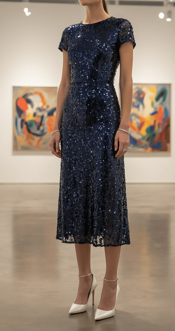 10 Ways to Rock a Sequin Midi Cocktail Dress Like a Fashion Pro A fashion editor in a navy sequin midi dress stands among abstract paintings at a contemporary art gallery opening, with minimal silver jewelry and classic white pumps. Gallery spot lighting highlights the sequins against the colorful artwork, captured in a documentary style.