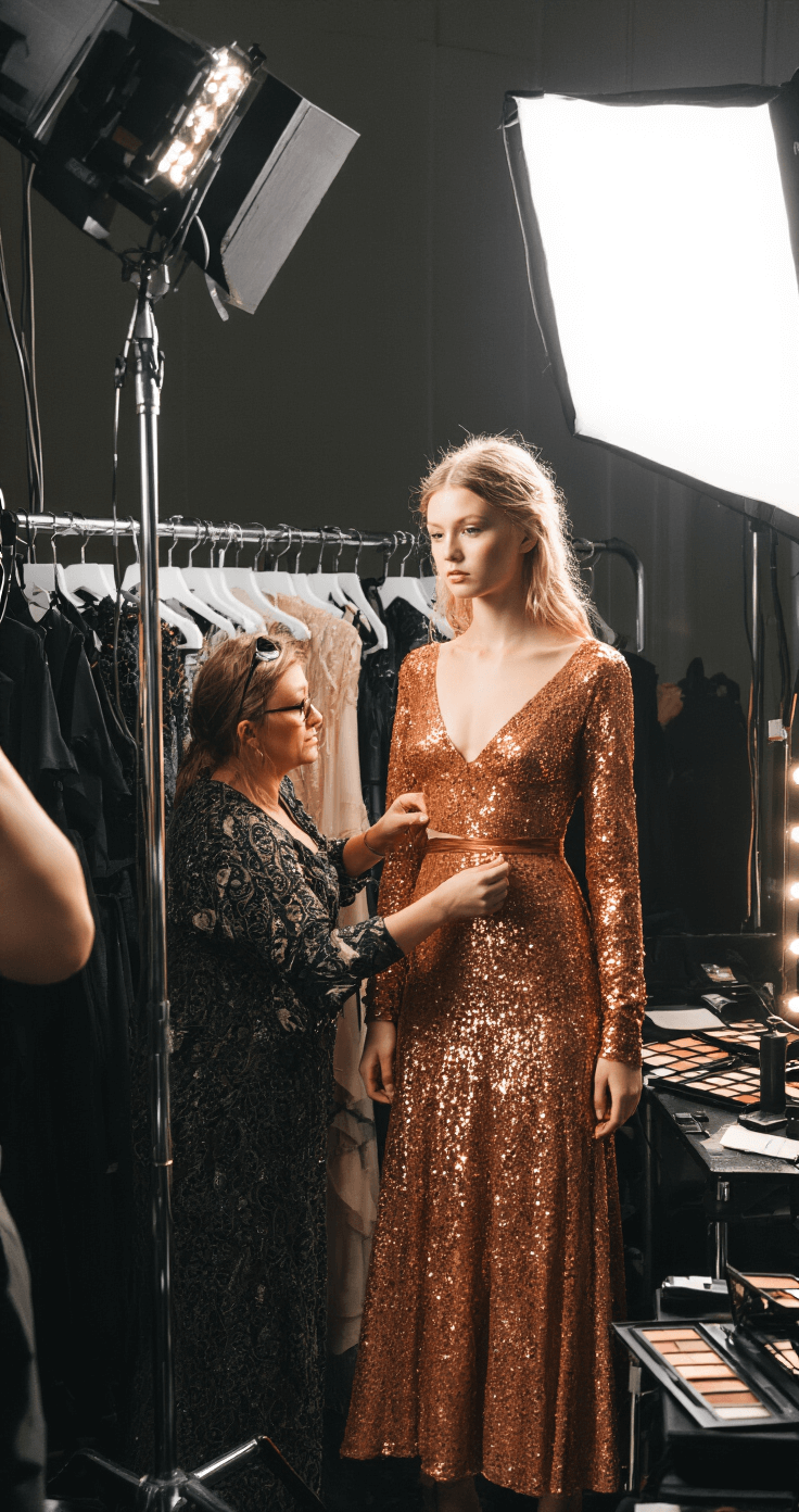 10 Ways to Rock a Sequin Midi Cocktail Dress Like a Fashion Pro A stylist adjusts a copper sequin midi dress on a model backstage at a fashion show, surrounded by clothing racks and makeup stations, with professional lighting creating dynamic shadows and sparkle effects.