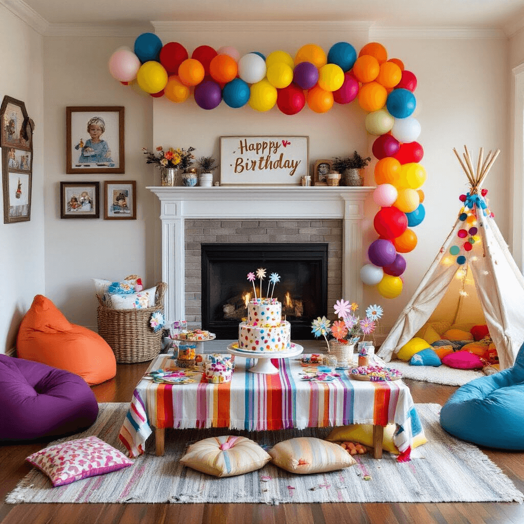 A vibrant living room decorated for a child's birthday, featuring a colorful balloon garland, a whimsical cake on a low table, bean bags and floor pillows, a teepee with fairy lights, and personalized signage.