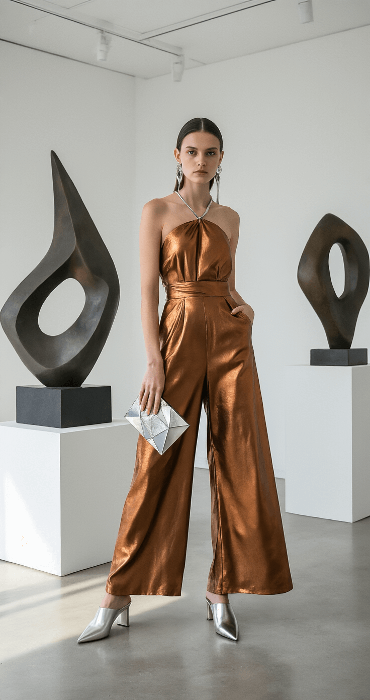 10 Stylish Ways to Rock a Wide-Leg Jumpsuit in 2025 Model in a metallic bronze wide-leg jumpsuit poses between abstract sculptures in a modern art gallery with white walls and polished concrete floors, styled with architectural silver jewelry, pointed metallic mules, and a geometric clutch, illuminated by dramatic gallery lighting.