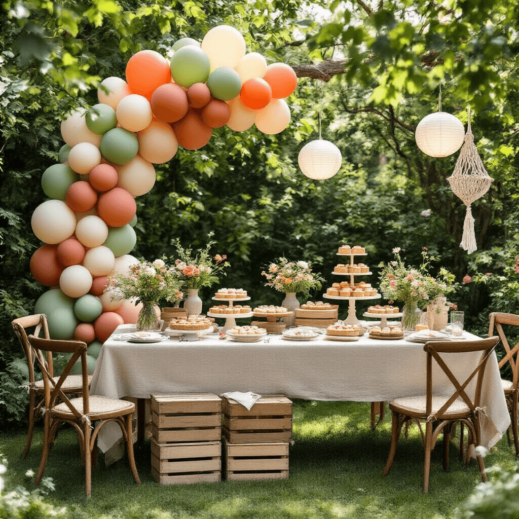 An intimate garden party features a semi-circular balloon installation in sage, terracotta, and cream, framing a dessert station with rustic tarts and flower-topped cupcakes on stacked wooden crates. Mismatched vintage chairs surround a long farm table adorned with raw linen, wildflower bud vases, and hand-dyed napkins, while macramé planters and paper lanterns sway in the sunlight.