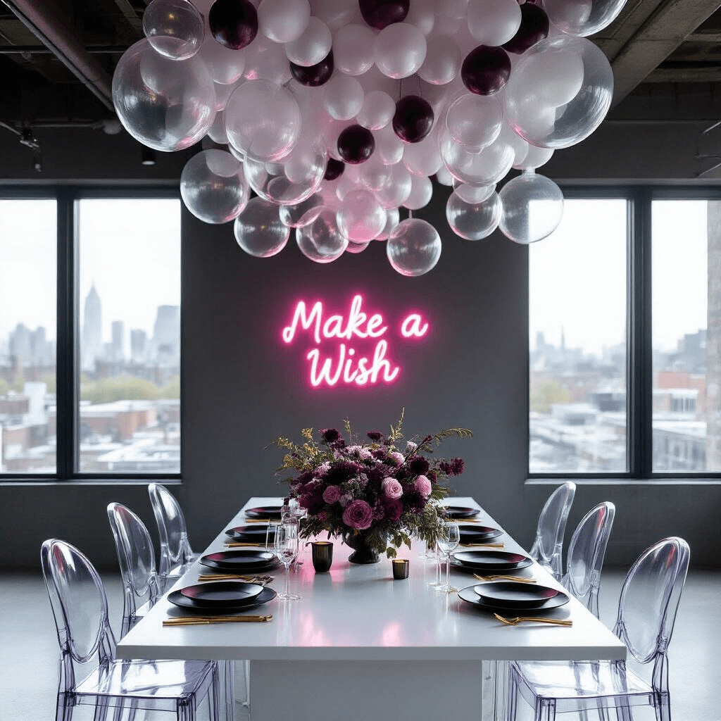 A modern loft space set for a luxe minimal celebration, featuring cascading clear balloons overhead, ghost chairs around a sleek white table with matte black plates and gold cutlery, and a vibrant floral arrangement in moody purples and deep burgundies, illuminated by soft morning light and complemented by neon signage that reads 'Make a Wish' on a slate gray wall.