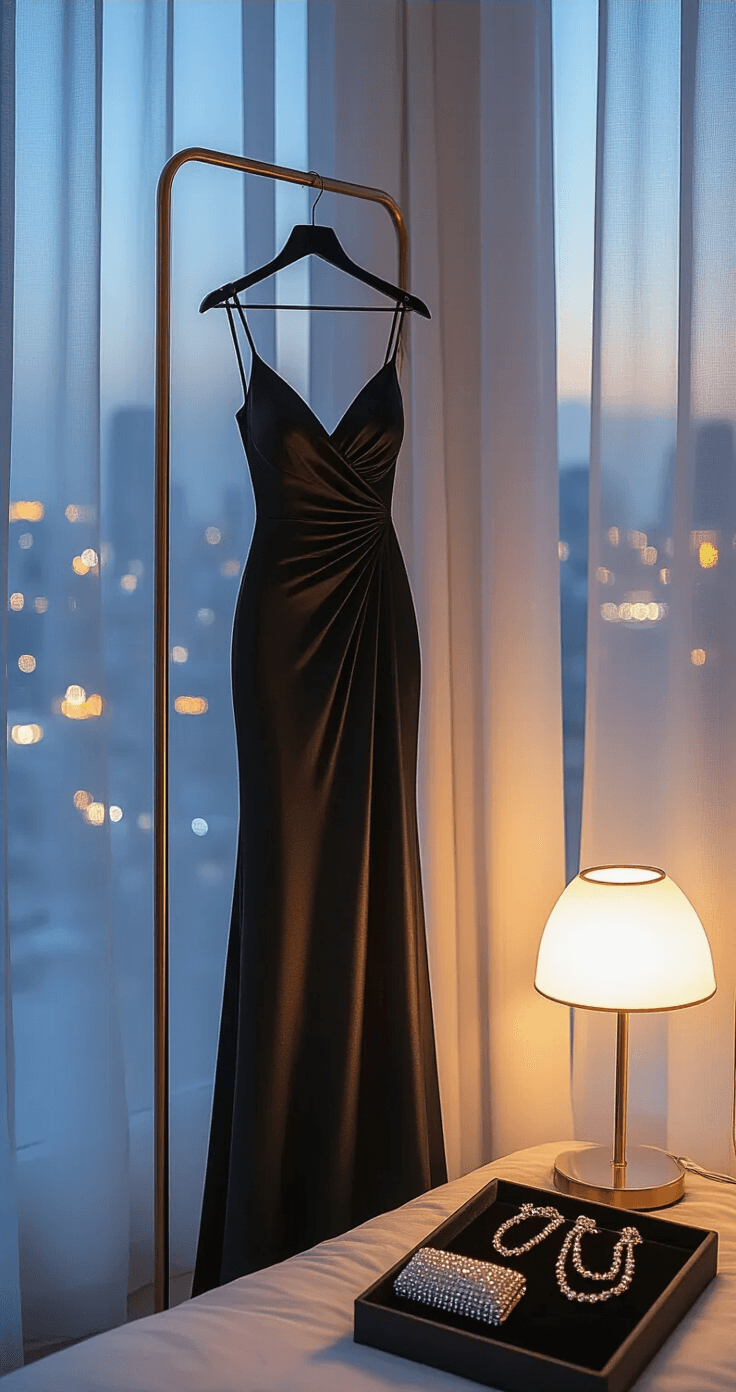 Slaying in Satin: Rocking an Asymmetrical Hemline Dress A modern minimalist bedroom at dusk featuring city lights visible through sheer curtains, with a black asymmetrical satin dress on a brass clothing rack, accompanied by a pearl-studded clutch, silver chains, and crystal studs on a velvet jewelry tray, all softly illuminated by a designer table lamp.