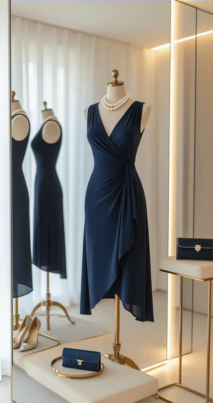 How to Rock a Long-Sleeve Wrap Dress: Your Ultimate Style Guide Close-up of a modern minimalist dressing room featuring a navy wrap dress on a cream mannequin, highlighting a V-neckline and draping. A statement pearl necklace rests on a brass jewelry stand, while an evening clutch and metallic heels are arranged artistically nearby. The scene is illuminated by diffused natural light through sheer curtains, with an emphasis on fabric texture.