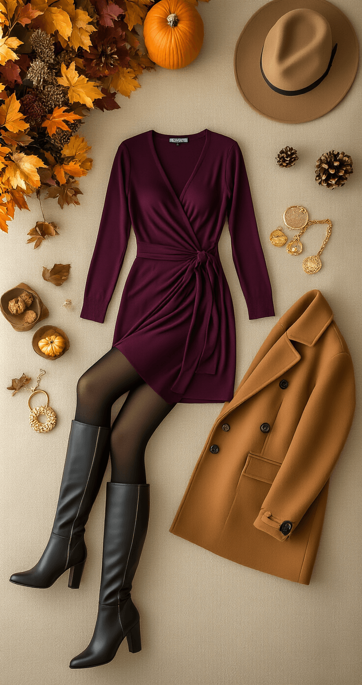 How to Rock a Long-Sleeve Wrap Dress: Your Ultimate Style Guide Cozy boutique interior featuring a deep plum wrap dress with opaque black tights and knee-high boots, complemented by a camel coat, gold-tone accessories, and warm ambient lighting, shot from above in lifestyle editorial style.