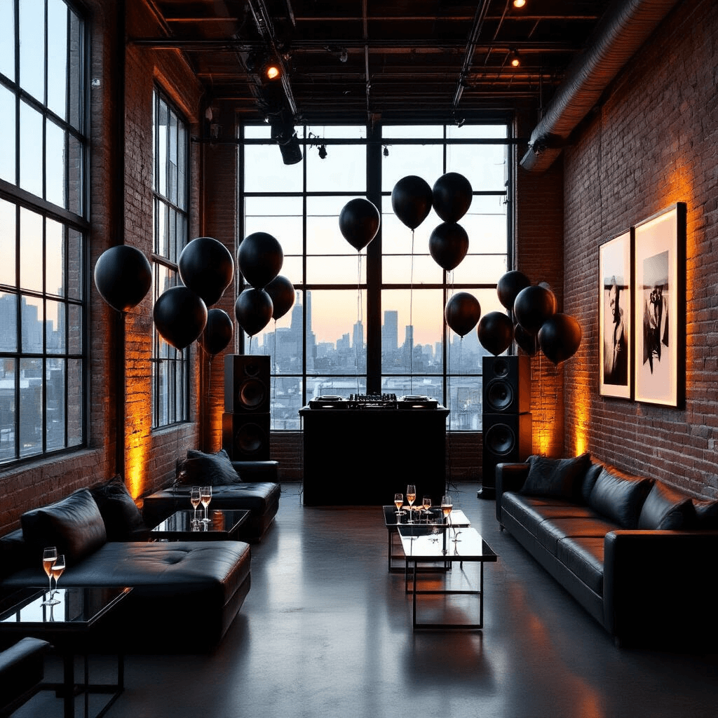 A dimly lit urban loft at twilight features floor-to-ceiling windows, minimalist black and white decor with neon accents, clusters of matte black balloons, a DJ booth with vintage speakers, and intimate seating areas with low leather couches. The highlight is a black and white photography exhibition, each piece lit by track lighting.