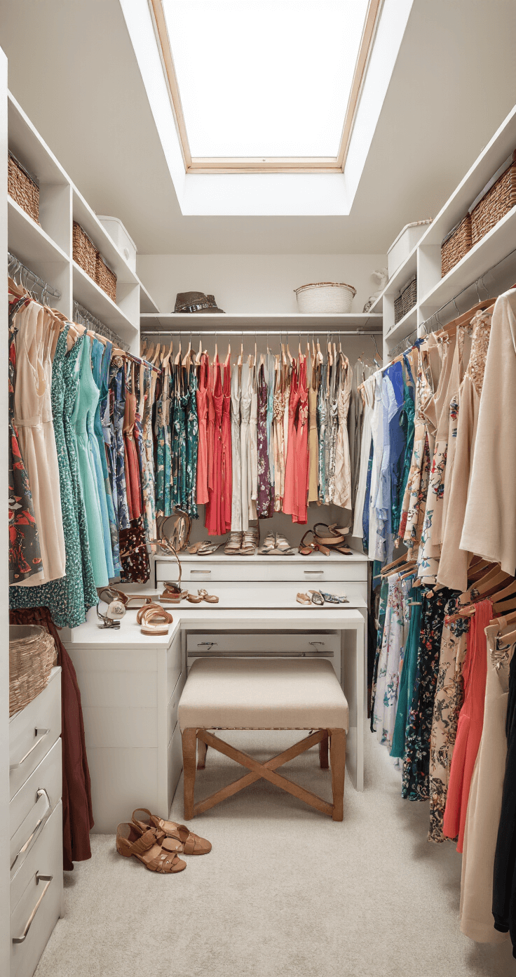 How to Rock a Long-Sleeve Wrap Dress: Your Ultimate Style Guide A spacious, light-filled walk-in closet featuring a collection of wrap dresses organized by color under a warm morning glow from a skylight. Accessories including belts, necklaces, and shoes are elegantly displayed on a vanity, captured in a wide-angle view to showcase the entire wardrobe scene.
