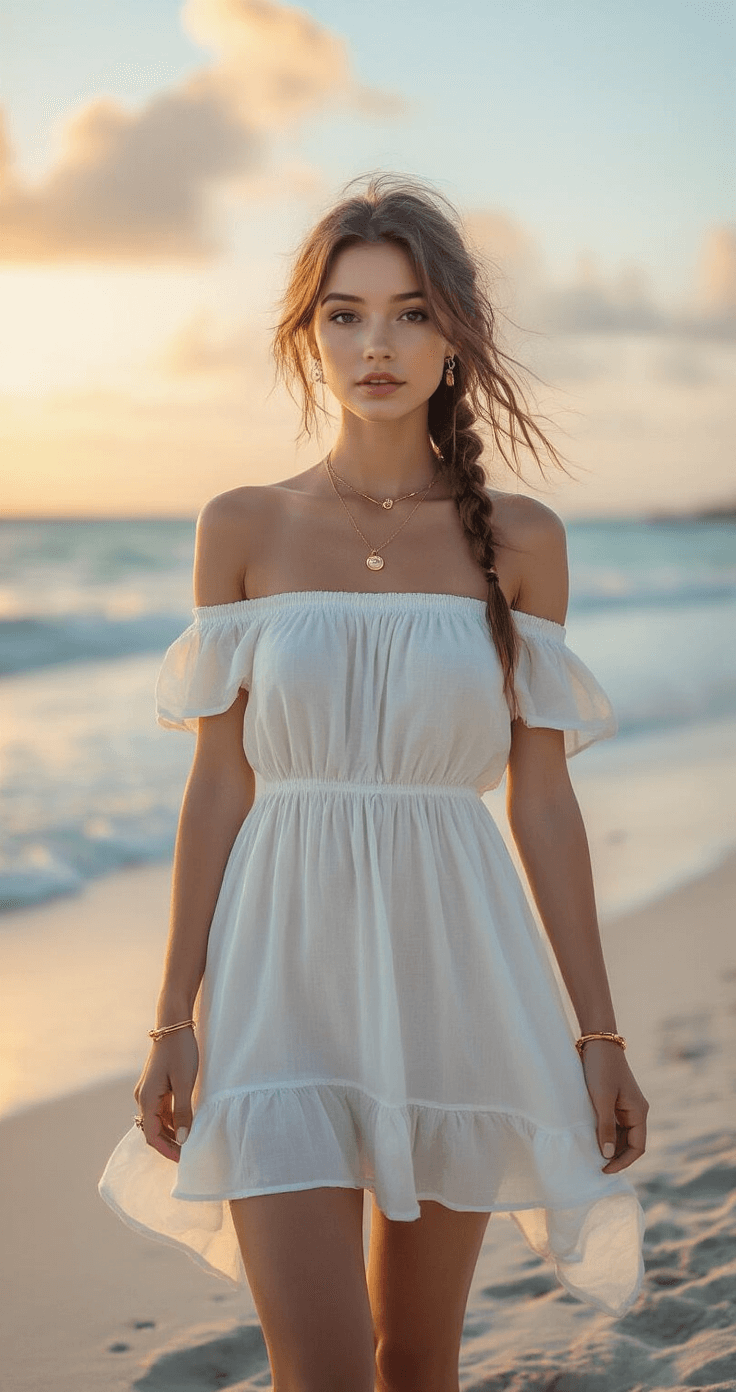 The Perfect Off-Shoulder Skater Dress: Your New Style BFF A model in a white off-shoulder skater dress stands barefoot in soft sand during sunset, with gentle waves behind her. Her dress flows gracefully in the breeze, complemented by minimal gold jewelry and a loose beachy braid, while the pastel-colored sky creates a romantic backdrop.