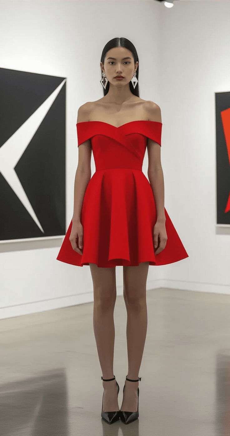 The Perfect Off-Shoulder Skater Dress: Your New Style BFF A woman in a vibrant red off-shoulder skater dress stands against sleek white gallery walls, showcasing contemporary black and white artwork. She accessorizes with geometric earrings and pointed heels, while dramatic track lighting casts bold shadows, highlighting the striking colors and clean lines of the scene.