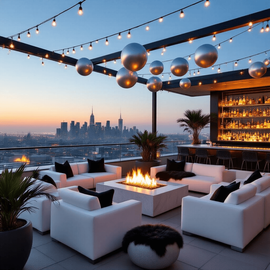 A rooftop terrace at dusk featuring sleek white lounge furniture, a central fire pit, abstract metal balloon sculptures, a marble bar with ghost chairs, illuminated liquor bottles, and tropical plants, all adorned with a canopy of string lights against a glittering city skyline.