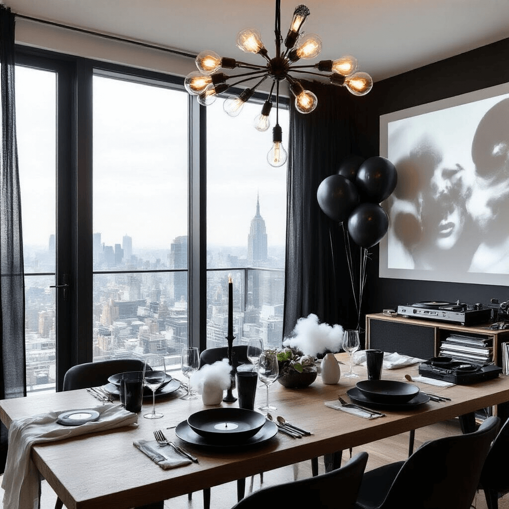 A chic, minimalist apartment set for an intimate gathering, featuring floor-to-ceiling windows with sheer black curtains, a long dining table with white linens and black dinnerware, a modern chandelier with exposed bulbs, a wall displaying abstract black and white visuals, a vintage record player in the corner, and large black balloons filled with white smoke.