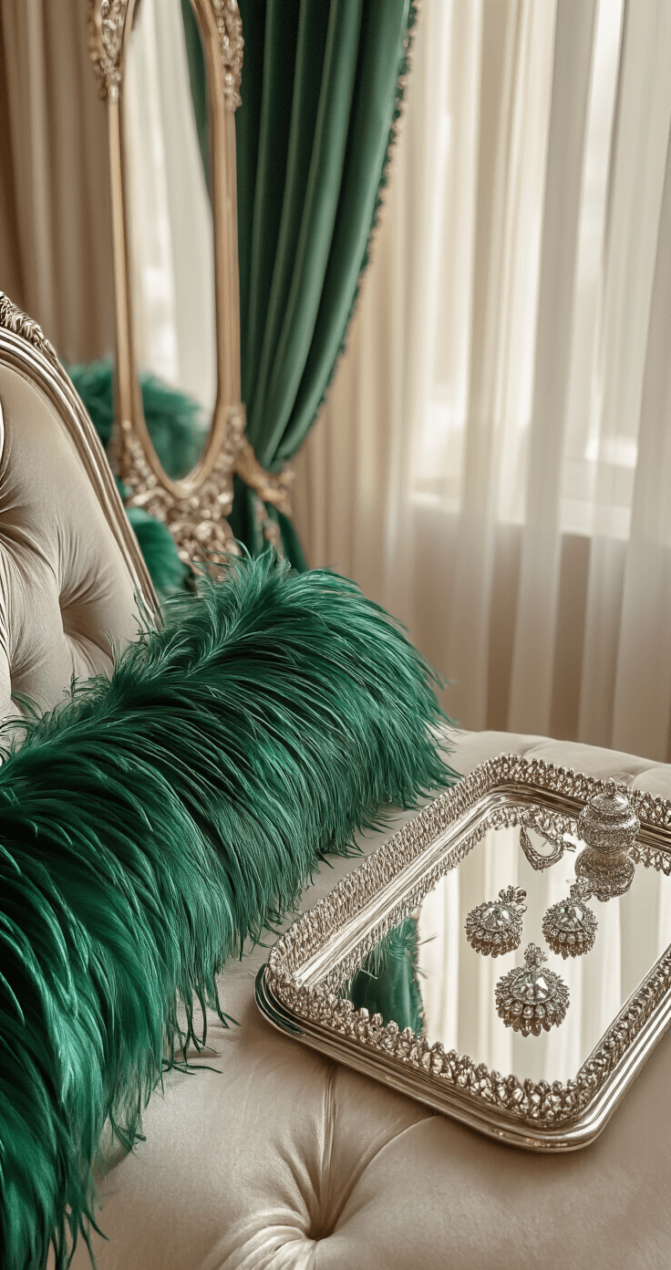 Close-up detail of emerald green feather trim on silk fabric, highlighting texture and movement, alongside delicate silver accessories on a mirrored tray in a luxurious boutique dressing room.