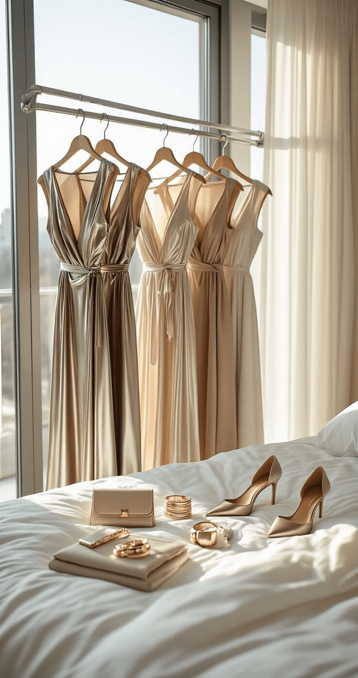 A luxurious contemporary bedroom filled with morning light, featuring floor-length windows. Metallic wrap dresses hang elegantly on a clothing rack, accompanied by stackable rings, neutral heels, and evening clutches, all artfully arranged on white bedding.