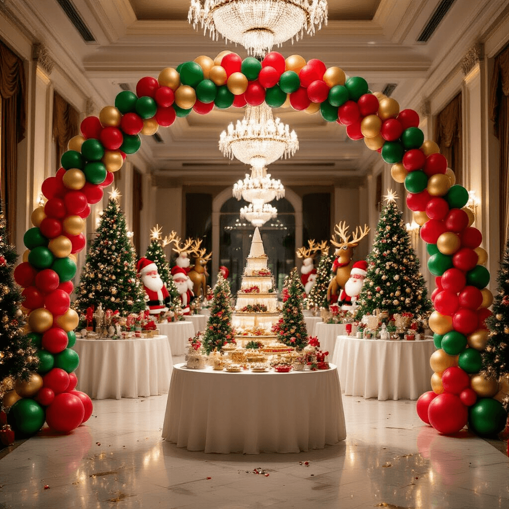 A beautifully decorated grand ballroom for Christmas, featuring a red, green, and gold balloon arch with fairy lights, elegant round tables with white linens and balloon sculpture centerpieces, crystal chandeliers illuminating the polished marble floor adorned with tinsel, and a lavish dessert table surrounded by whimsical character balloons like Santas and reindeer.