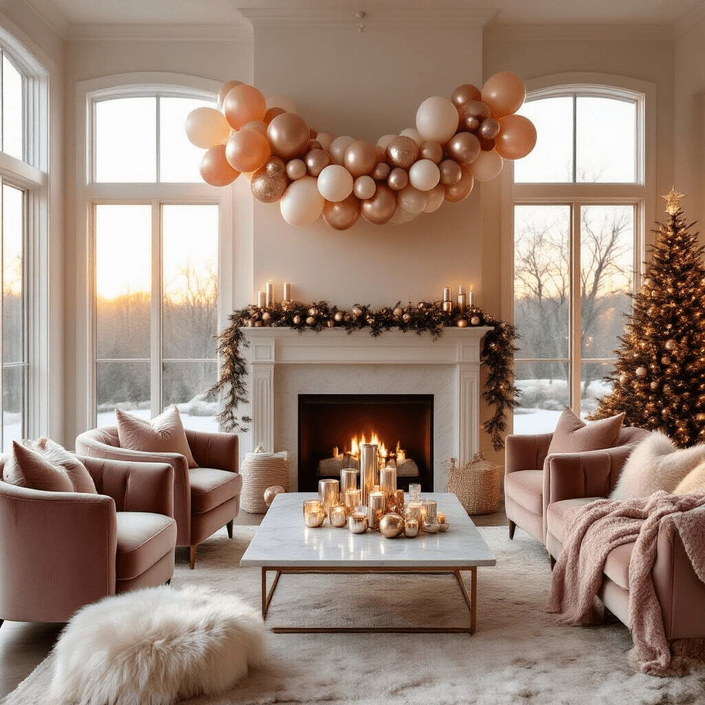 A cozy living room bathed in golden hour light, featuring a fireplace, an asymmetrical balloon garland in blush and cream tones, plush velvet armchairs, a marble coffee table with metallic balloons and candle holders, soft fur throws, silk pillows, and a twinkling Christmas tree.