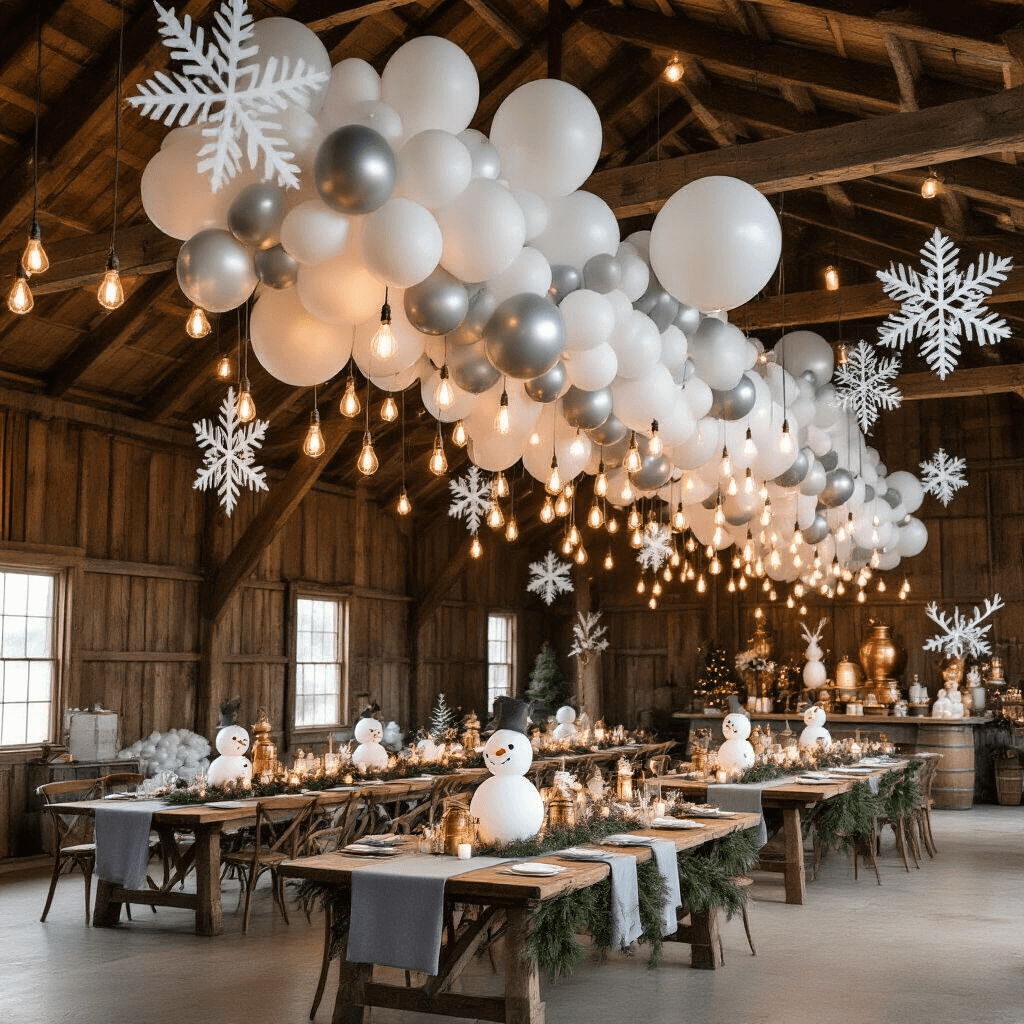 A magical winter wonderland in a rustic barn, featuring strings of Edison bulbs, a cascading balloon installation resembling a snow-covered forest, long farmhouse tables with pine garlands and balloon snowmen centerpieces, oversized paper snowflakes, and a hot cocoa bar with balloon reindeer, viewed from an elevated angle.