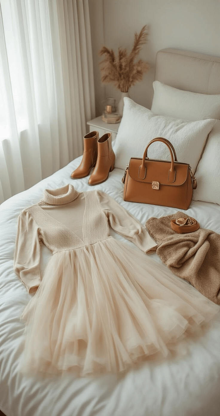 How to Style Tulle Dresses: The Ultimate Guide to Creating Magical Looks A cozy bedroom with neutral decor featuring a cream tulle dress and a camel cashmere turtleneck on a plush white duvet, surrounded by brown leather ankle boots, gold hair accessories, and a cognac leather handbag, captured in a flat lay from above.