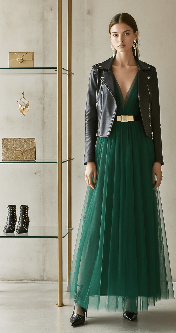 How to Style Tulle Dresses: The Ultimate Guide to Creating Magical Looks Model in emerald green tulle cocktail dress with a slim metallic belt, layered with a black leather moto jacket, posing in a modern minimalist boutique with concrete floors and brass fixtures, featuring clear glass shelving with studded ankle boots, geometric earrings, and a metallic clutch, illuminated by dramatic side lighting.