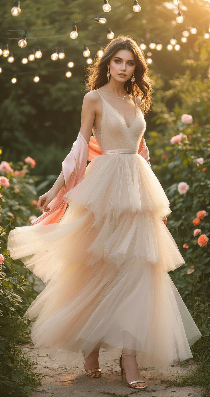 How to Style Tulle Dresses: The Ultimate Guide to Creating Magical Looks A model in a champagne-colored tulle gown with multiple tiers and delicate beading twirls at a sunset garden party, surrounded by blooming flowers and string lights, wearing a soft pink silk scarf and rose gold accessories. The image captures the movement of the dress during golden hour, with warm lighting highlighting the scene.