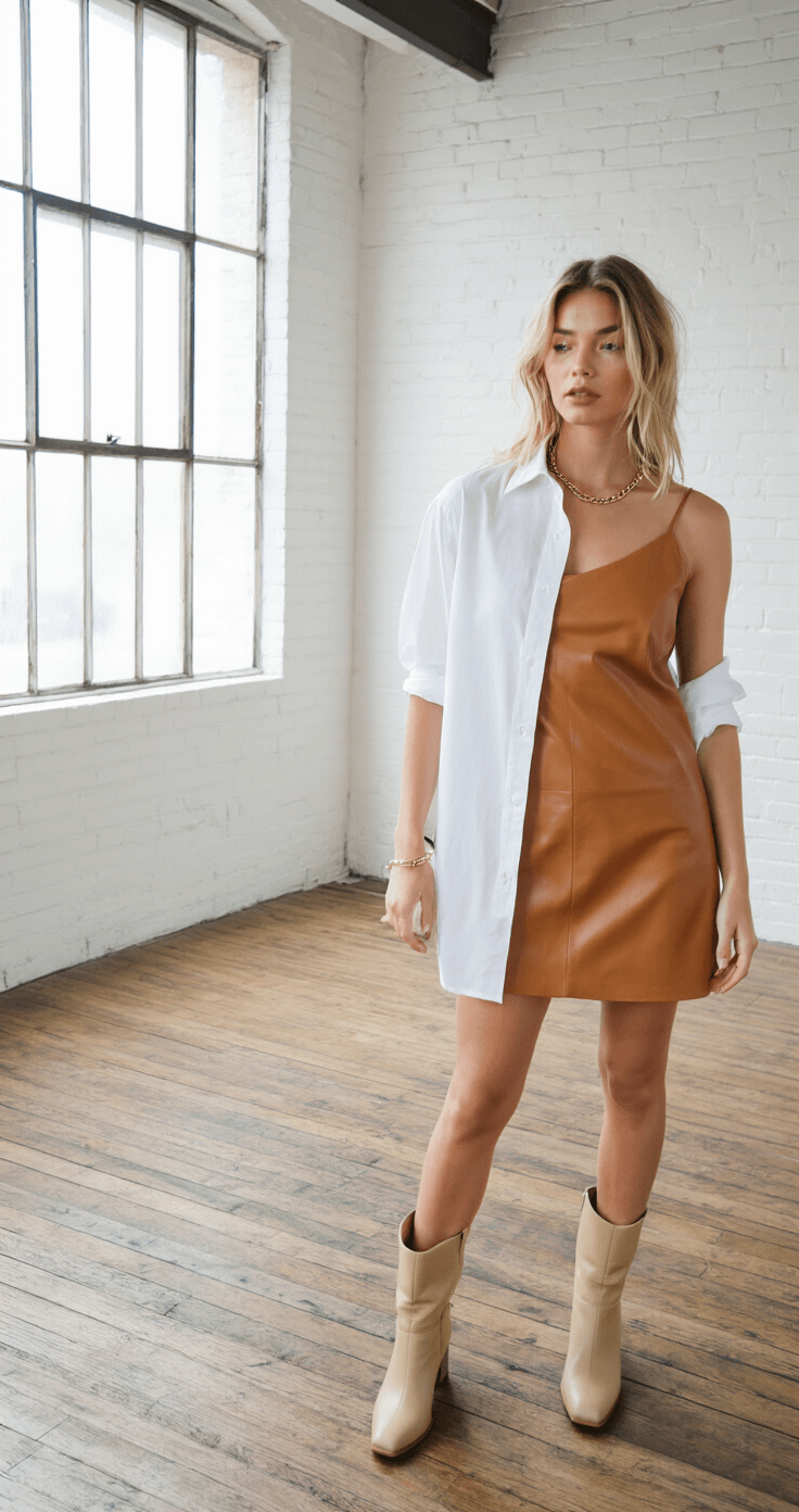 A sunlit minimalist studio featuring white brick walls and wooden floors, showcasing a close-up of a fashion layering technique with a crisp white button-down shirt under a caramel leather mini dress, complemented by chunky beige ankle boots and delicate gold chain necklaces, all captured in soft focus with natural light from industrial windows.