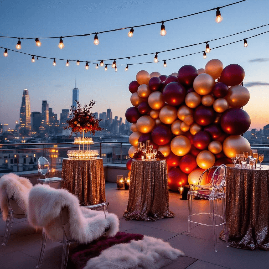 Chic rooftop terrace at twilight featuring a glamorous balloon wall, sequined cocktail tables with floating bouquets, a champagne tower with a metallic balloon arch, and market lights overhead, all set against a twinkling city skyline.
