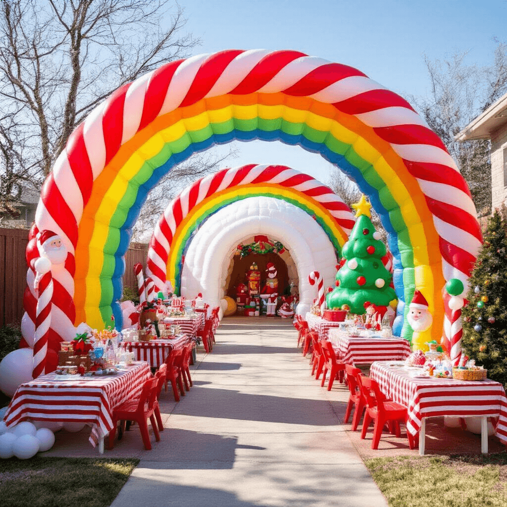 A whimsical backyard Christmas party for children with a rainbow balloon arch, inflatable decorations, giant candy cane balloons, a balloon igloo, festive tables, and a towering balloon Christmas tree, all set against snow-dusted evergreens, captured from a child's eye level.