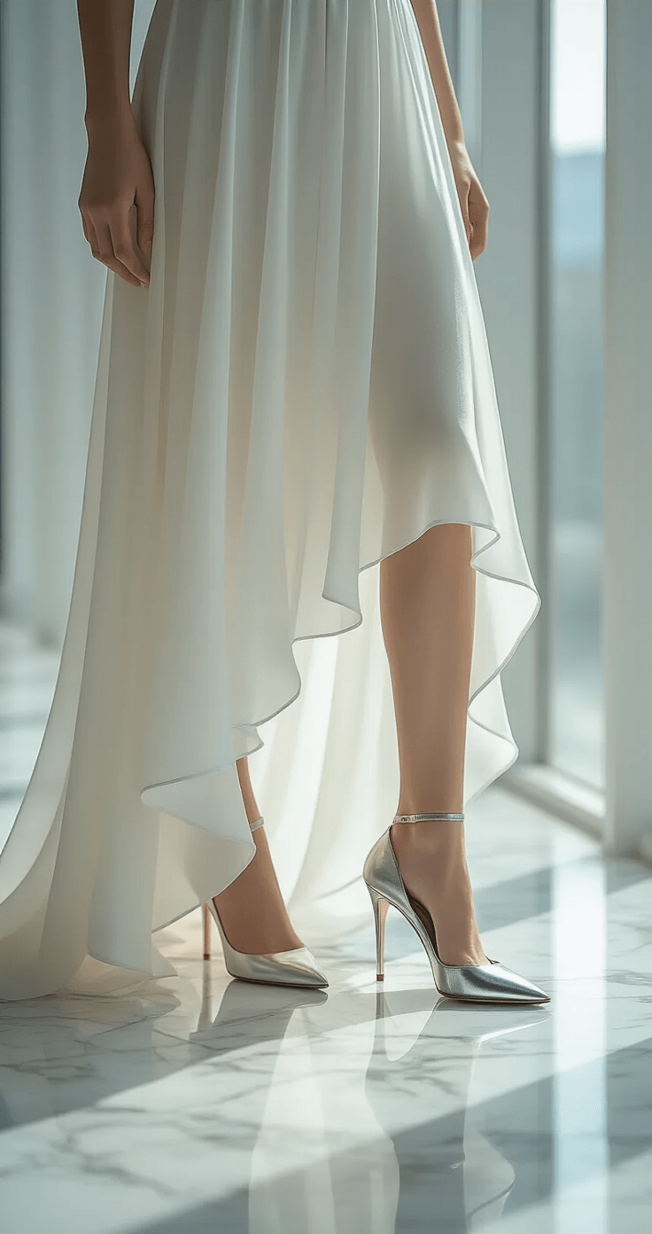 Close-up of a jewel-toned high-low dress hem in a minimalist studio, highlighting chiffon fabric layers and movement, with metallic silver stilettos partially visible, set against a marble floor reflecting mid-morning light.