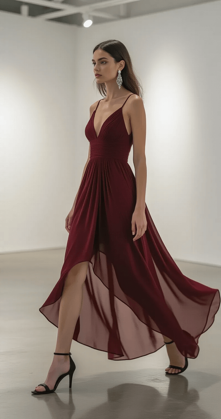 Model in a burgundy high-low chiffon dress with a flowing train, confidently walking in a modern art gallery with dramatic evening lighting, white walls, and polished concrete floors. Statement crystal earrings and black strappy heels accent the look. The shot captures the model from a side angle, emphasizing both the front of the dress and the elegant movement as she moves sideways.