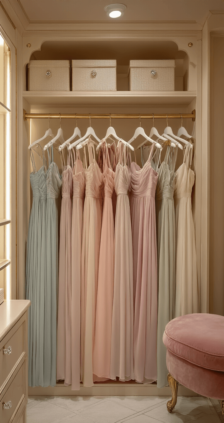 A luxurious boutique dressing room featuring a selection of high-low chiffon dresses in pastel shades, elegantly arranged on hangers. The scene is warmly lit, highlighting the fabric textures and color gradients, complemented by velvet seating and gilded mirror accents. Crystal drawer pulls add a touch of sophistication, captured in a wide-angle shot to showcase the full display.