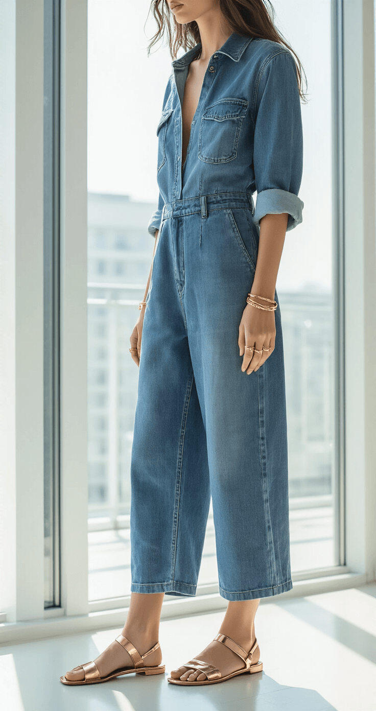 Close-up of a model in a medium-wash denim jumpsuit with rolled sleeves and undone buttons, accessorized with dainty gold rings and bracelet stack, standing in a minimalist white studio with morning light, highlighting metallic rose gold strappy sandals and hem details.