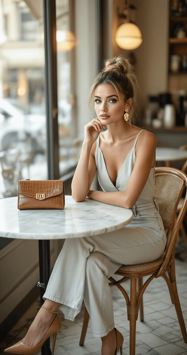 A woman sits at a marble bistro table in a chic café, wearing a light-wash denim jumpsuit and camel suede pointed-toe pumps. She has a sleek high bun and geometric gold earrings, with a small crocodile-embossed clutch on the table. Soft diffused lighting creates an inviting mid-morning brunch atmosphere.
