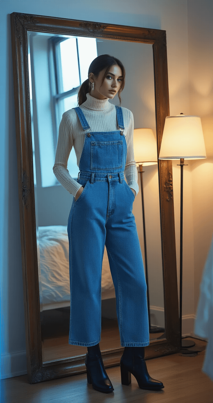 A cozy industrial loft bedroom during the blue hour, featuring a woman in a vintage-wash denim jumpsuit over a cream ribbed turtleneck, complemented by black leather ankle boots. The full-length mirror reflects her silver minimal jewelry and low ponytail, with warm ambient lighting enhancing the styled details.