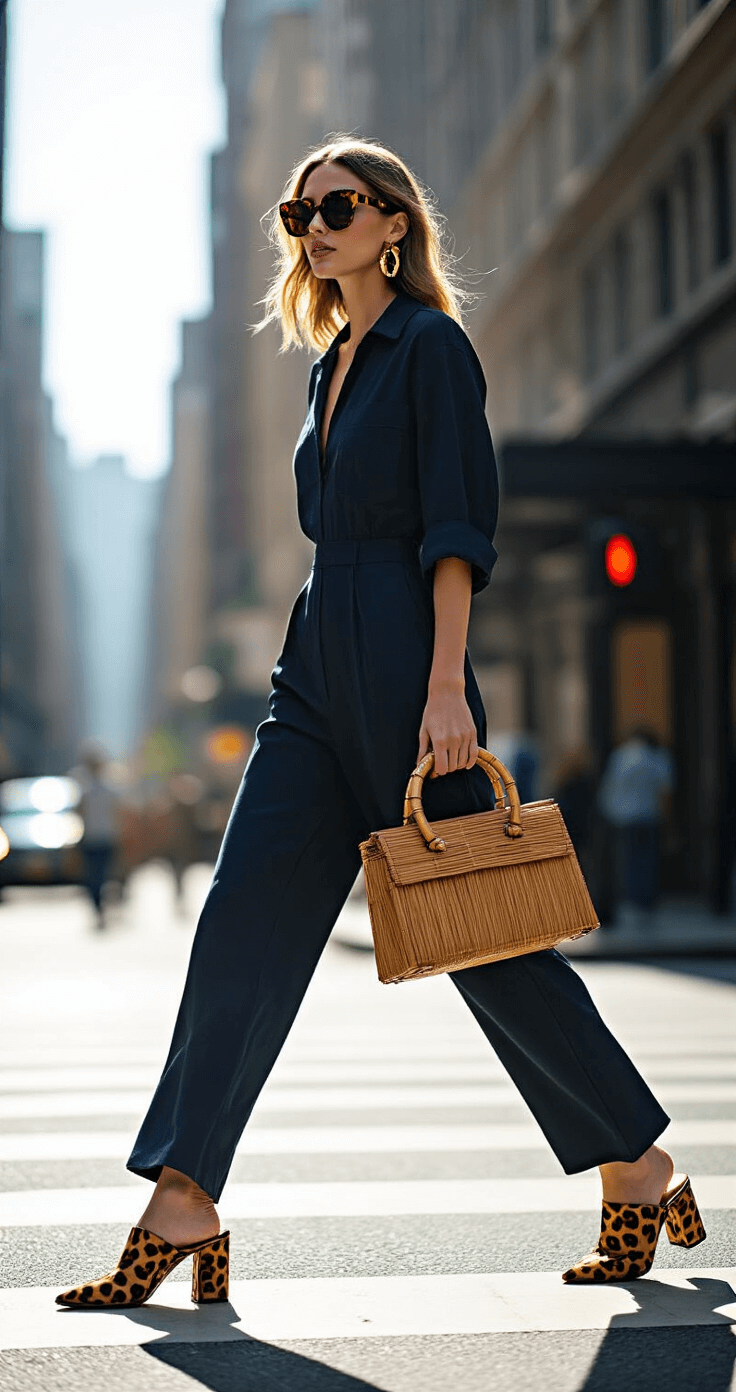 Model walking at a fashion district street corner in a dark indigo jumpsuit and leopard print block heel mules, with oversized tortoiseshell sunglasses, statement gold hoops, and a structured bamboo handle bag, casting dramatic shadows in the midday sun against an urban backdrop.