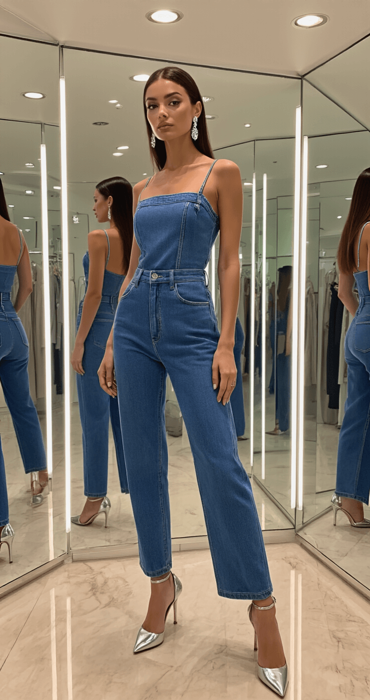A woman trying on a medium-blue denim jumpsuit with metallic silver kitten heel slingbacks in a high-end boutique fitting room, featuring soft overhead lighting and multiple mirrors. Her hair is sleek and straight, and she is wearing crystal drop earrings. The focus highlights the interaction between the shoes and the hem of the jumpsuit.