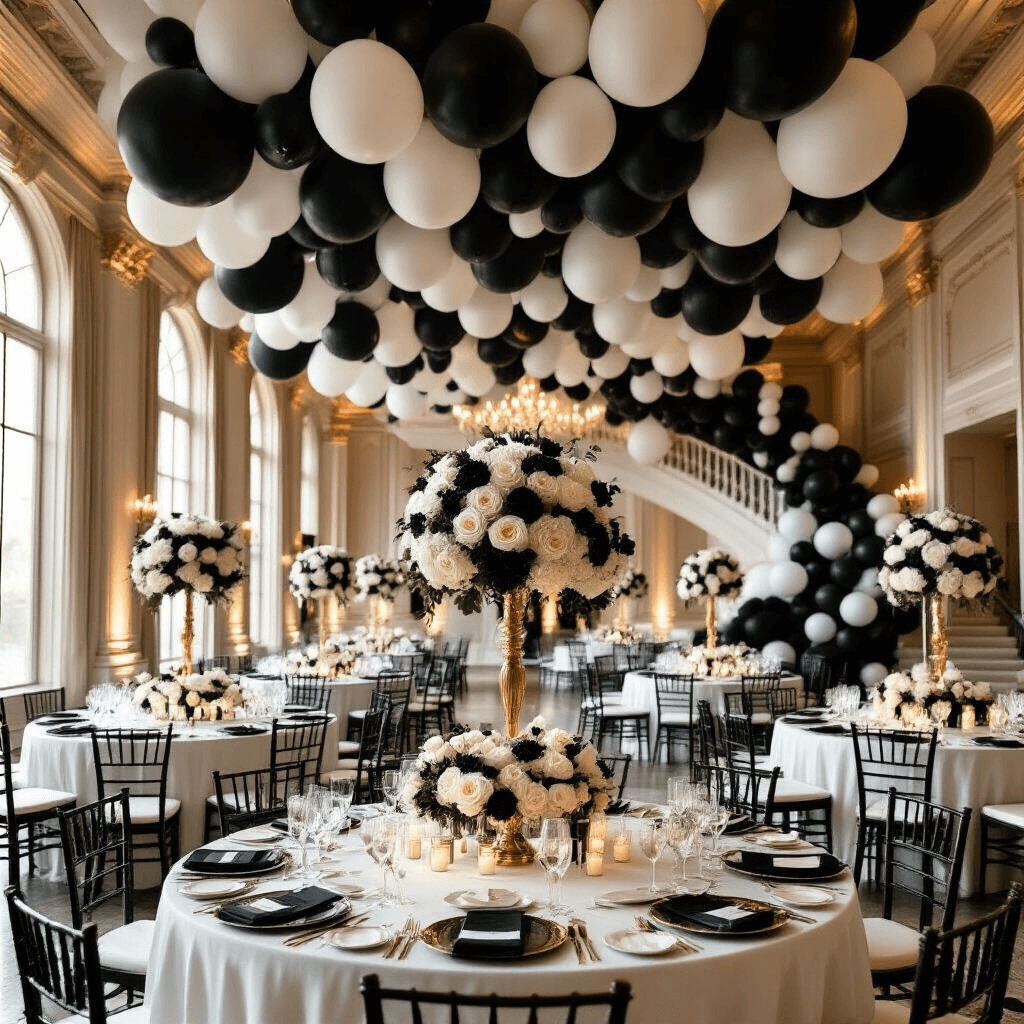 A luxurious black-tie wedding reception in a grand ballroom, featuring cascading black and white balloon installations, round tables with white linens and elegant floral centerpieces, gold candelabras, and a sweeping staircase adorned with an ombré balloon arch.