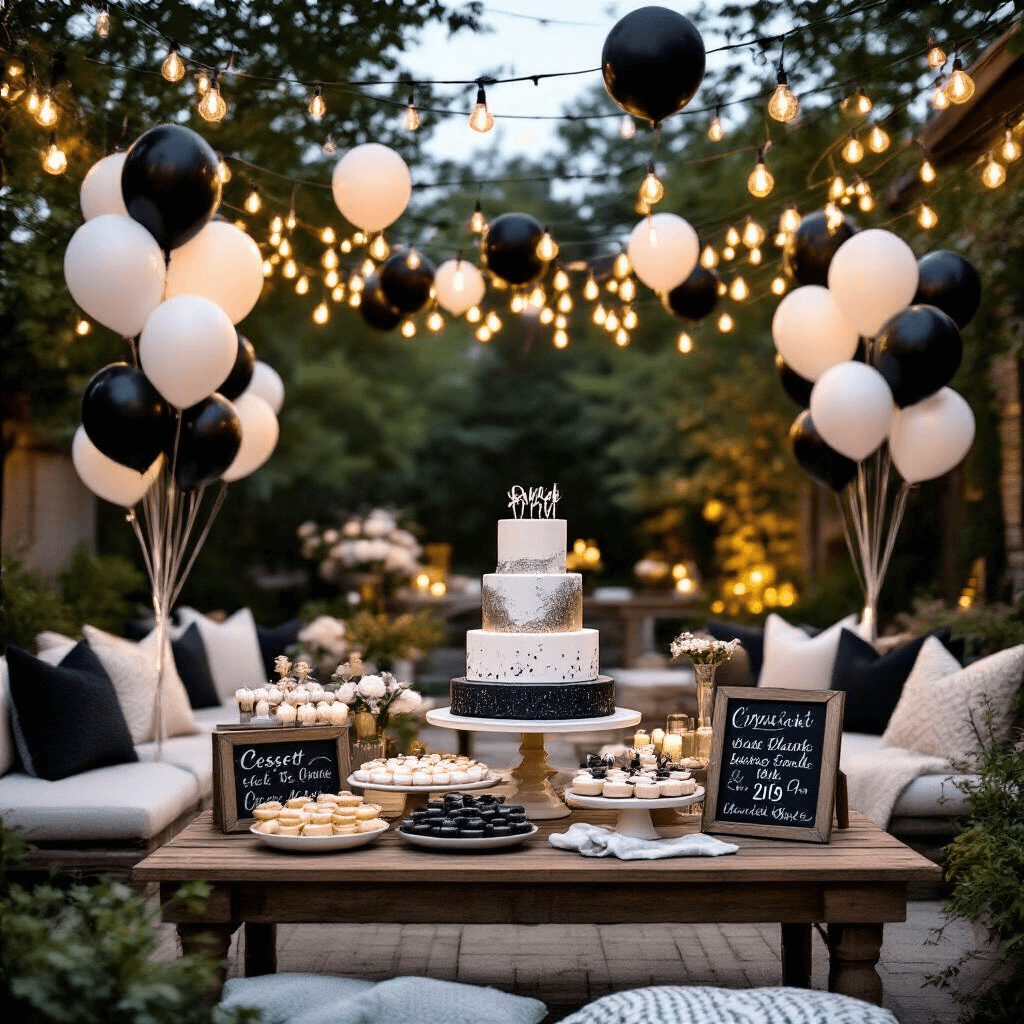 An outdoor graduation party at dusk featuring warm fairy lights, black and white balloons, a tiered metallic-accented cake, assorted monochrome treats, rustic signage, and cozy seating areas with plush decor.