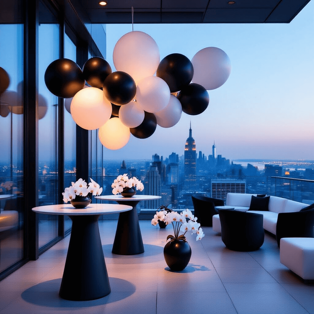 Chic corporate event on a rooftop terrace at blue hour, featuring floor-to-ceiling windows with a city skyline, high-top tables with white orchid centerpieces, a striking balloon installation, and modern lounge furniture in crisp whites and blacks.