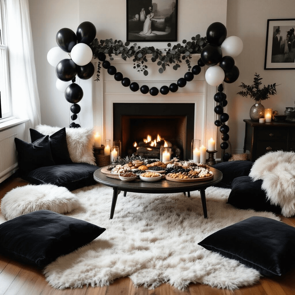 A cozy living room birthday celebration with warm candlelight, featuring a low table with a grazing board surrounded by plush floor cushions, black and white balloon garlands, vintage photographs, and soft textures like velvet throws and faux fur rugs.