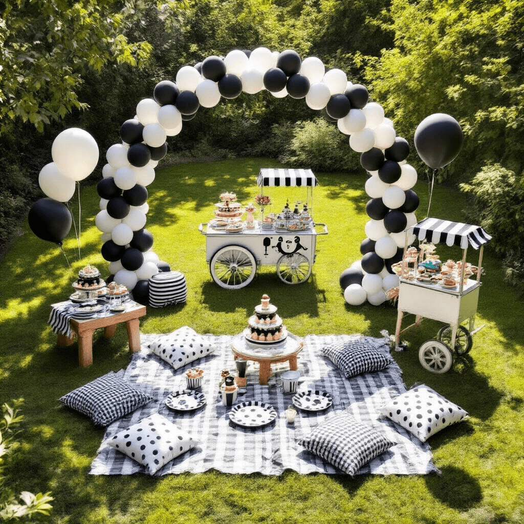 A whimsical children's party in a sun-drenched garden featuring a black and white balloon arch, picnic blankets with playful dishes, a vintage ice cream cart, and a face painting station, all captured from an overhead perspective.